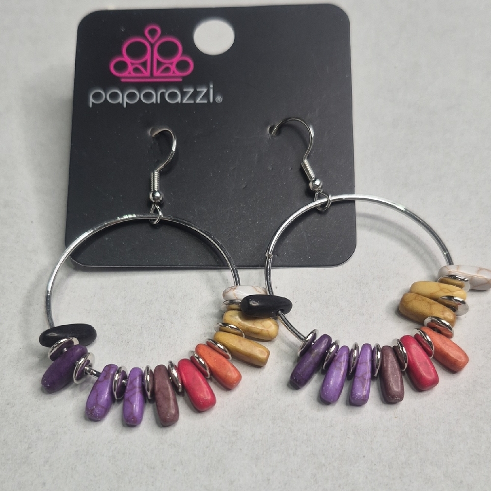 Vibrant Stacked Stone Beads on Silver-tone Hoop Earrings
